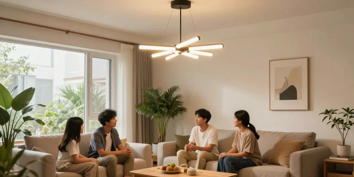 Lustra living elegantă și modernă într-un living confortabil, iluminând atmosfera caldă a casei