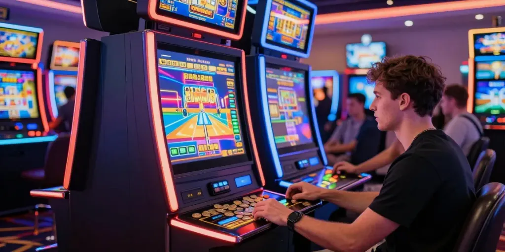 Player enjoying slot gacor machine with vibrant lights and excitement in a bustling casino.