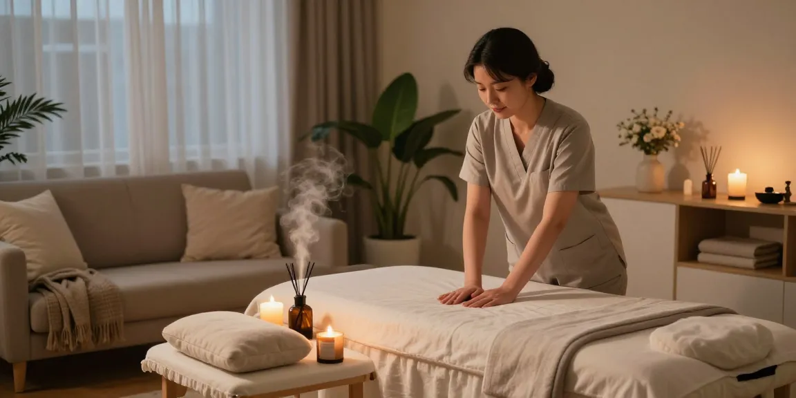 송파출장마사지 service in a relaxing home environment with a professional therapist setting the atmosphere for a calming experience.