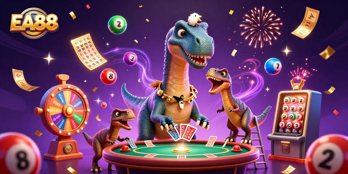 EA88 captivates with a giant brontosaurus observing poker action amidst casino excitement.