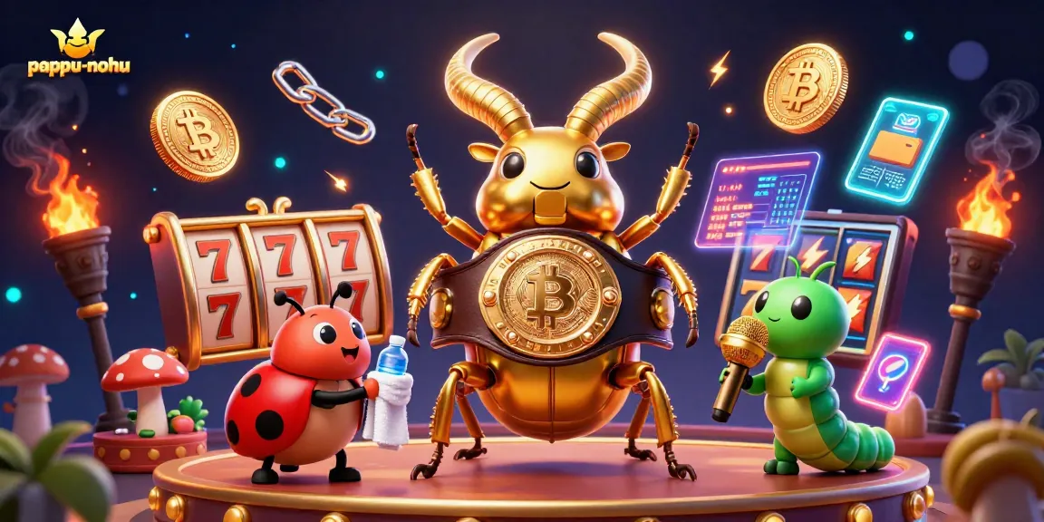 Experience the excitement of pappu-nohu with dazzling slot reels and animated characters in a dynamic casino scene.