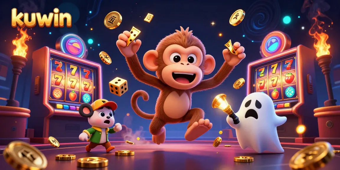 Kuwin showcases a magical casino scene with a playful monkey and a puppy, featuring dynamic gaming elements to enhance the excitement.