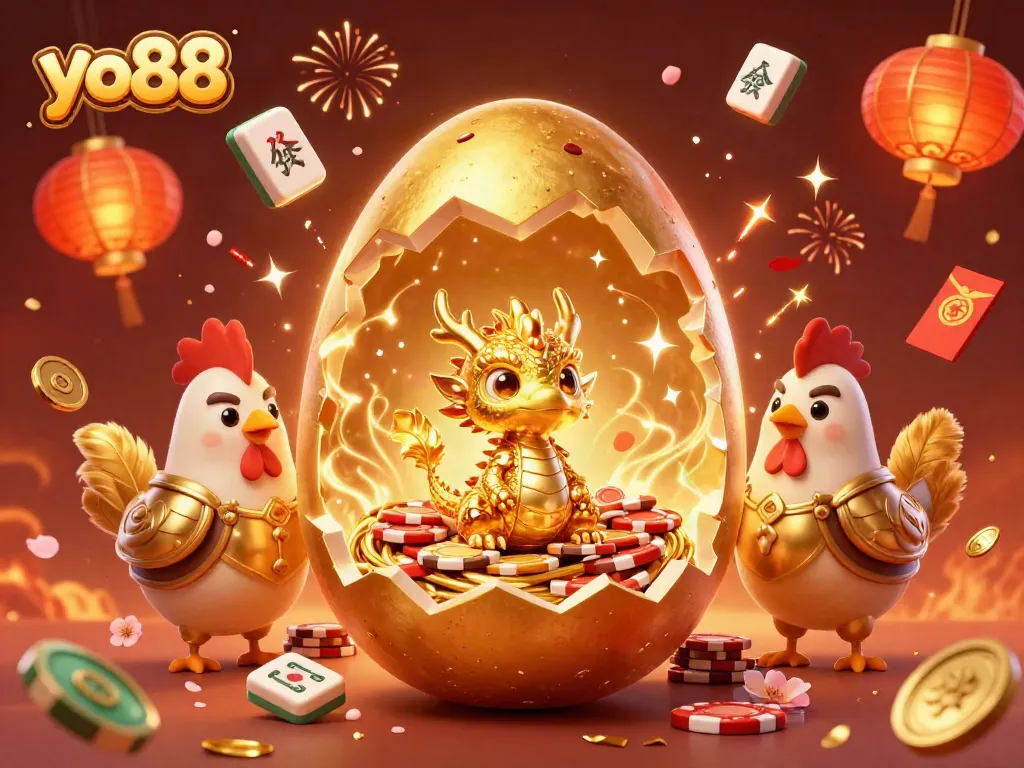 Join the excitement at yo88, featuring a golden dragon amidst vibrant casino elements.