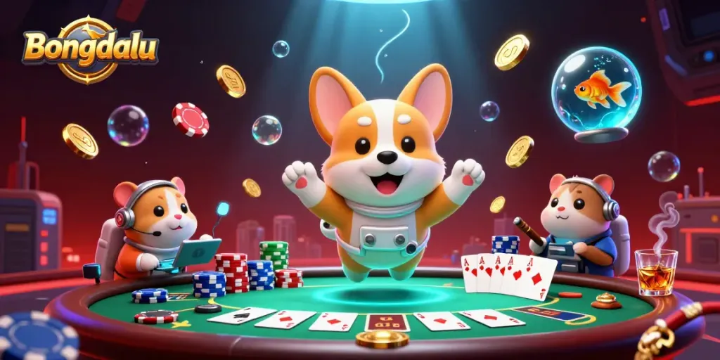 Bongdalu showcases a dynamic scene featuring an astronaut corgi in a space casino, drifting poker chips, and gold coins.