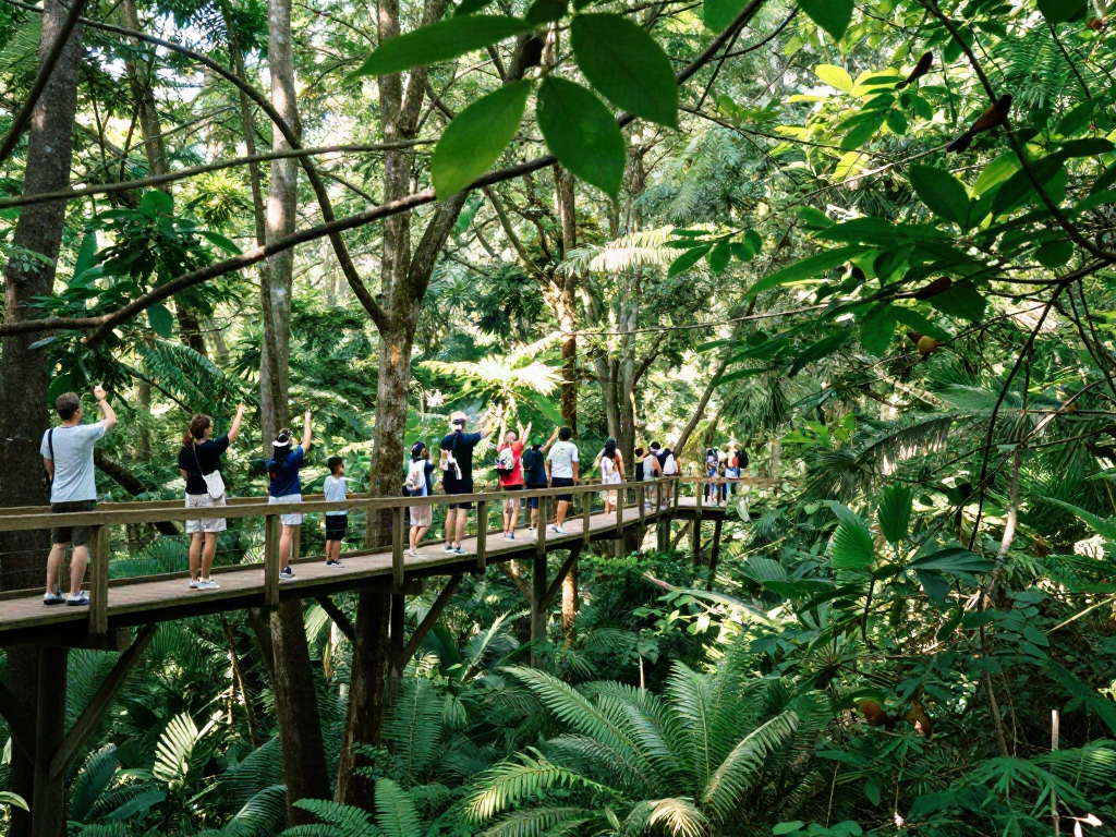 Treetop Walkway experience with visitors enjoying nature in a vibrant forest.