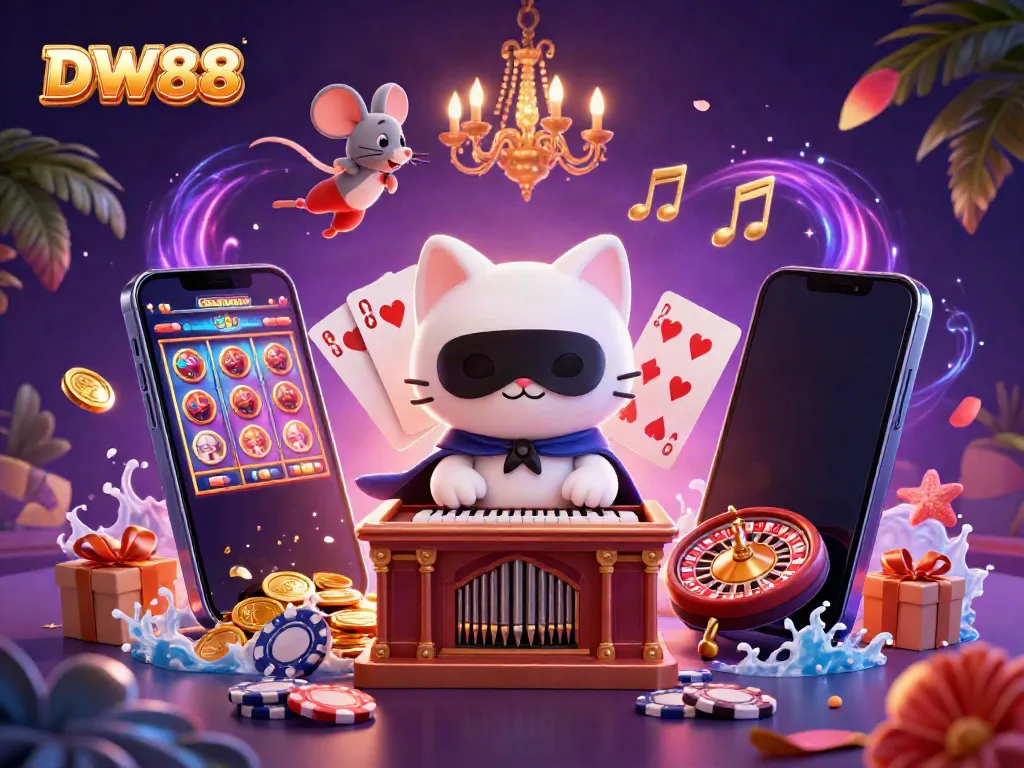 Win exciting rewards at DW88 with a vibrant 3D casino scene showcasing fun slot games and playful characters.