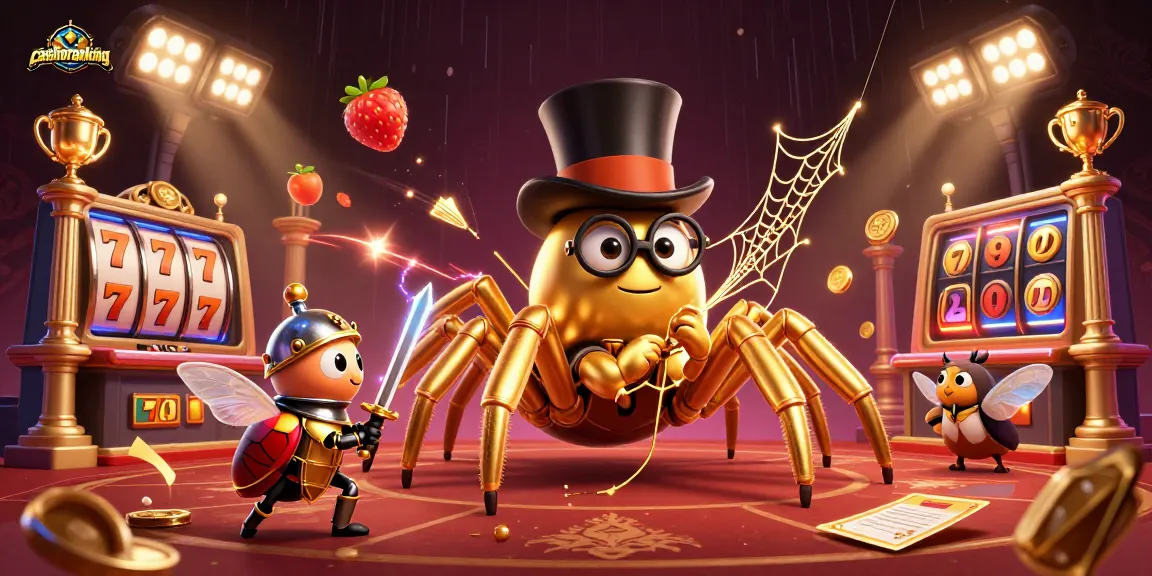 Engaging scene showcasing casinoranking with a golden tarantula and beetle knight amidst casino games.