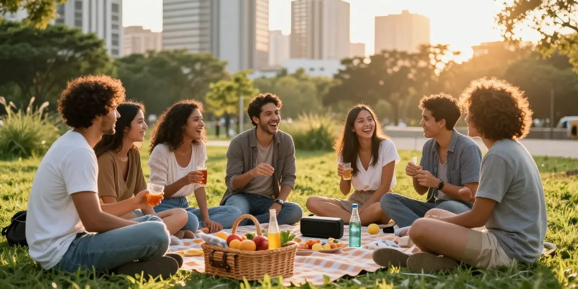 Dating scene with diverse singles enjoying a picnic in a park.