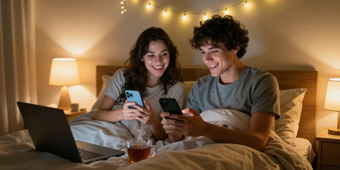 Engaging in sex chat in a cozy bedroom with ambient lighting.