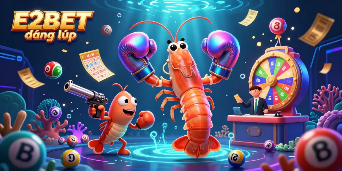E2BET đăng nhập showcases a vibrant 3D scene of gambling excitement with lively characters and energetic elements.