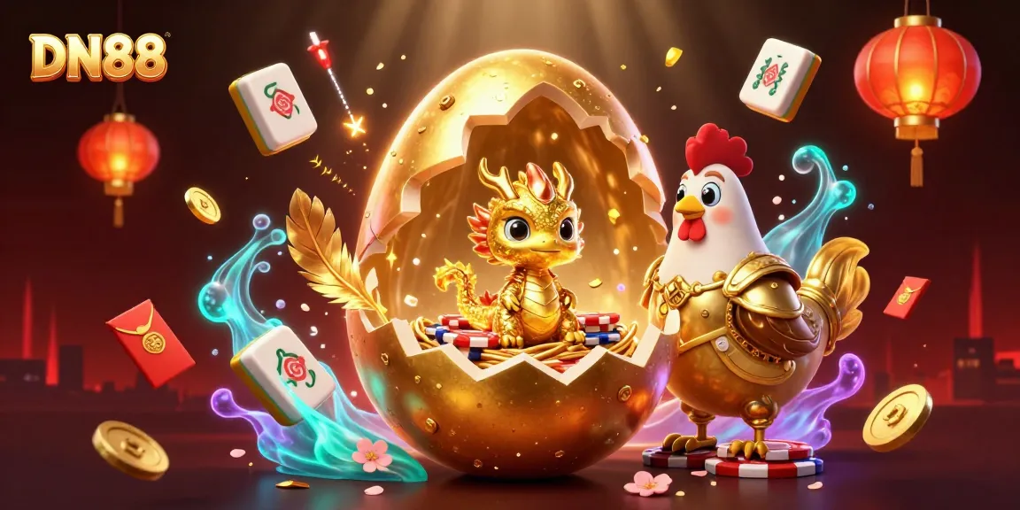 Experience thrilling gaming at DN88 with golden dragon and poker chips in vibrant 3D illustration.