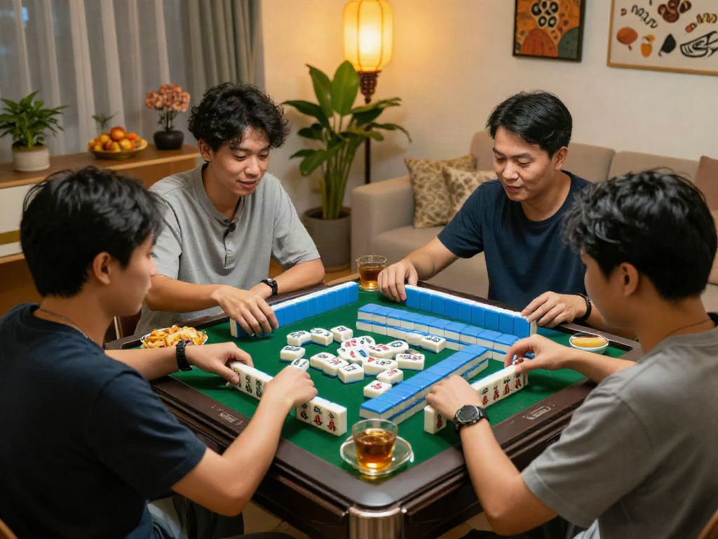 Enjoying a game of MAHJONGJP88 hari ini with friends around a vibrant table filled with mahjong tiles and snacks.