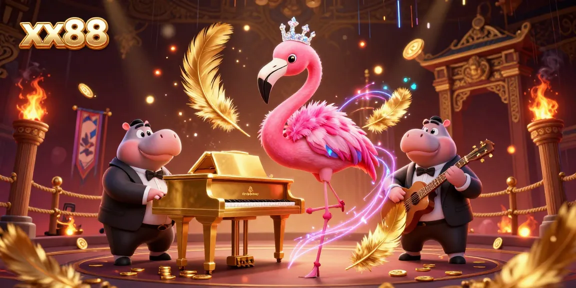 Join the vibrant xx88 casino scene featuring a flamingo singer and hippo bassist in a dynamic atmosphere.