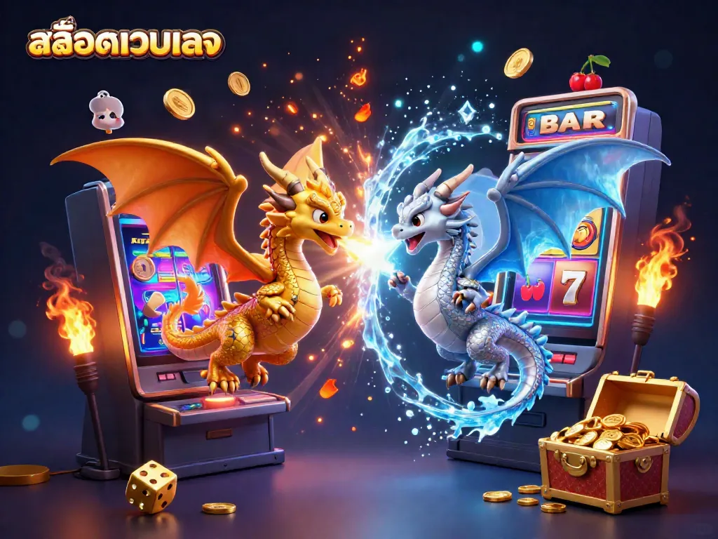 Experience the excitement of สล็อตเว็บตรง with golden and silver dragons amidst vibrant casino elements and jackpot symbols.