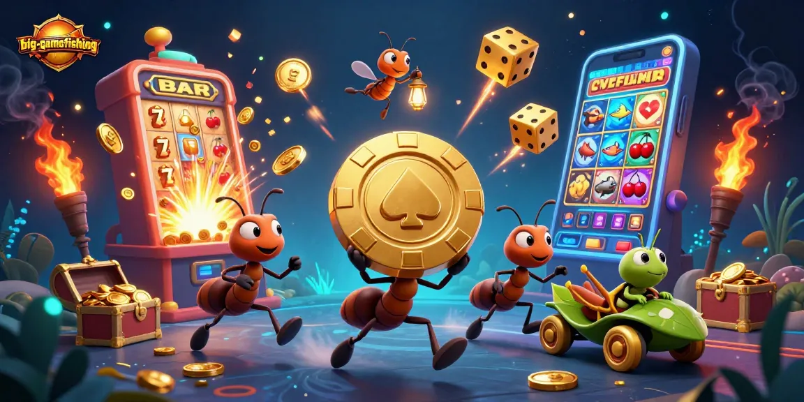 Engage in big-gamefishing with a fun scene of ants and underwater slots!