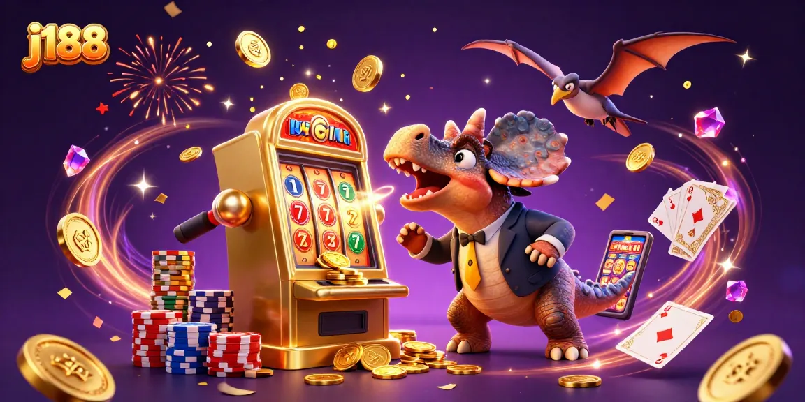 j188's pachycephalosaurus celebrates a jackpot win with golden coins raining down.