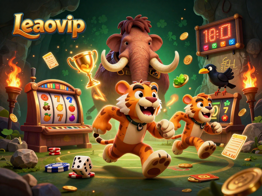 Permainan slot leaovip dalam ilustrasi kasino prasejarah dengan karakter unik dan simbol keberuntungan.