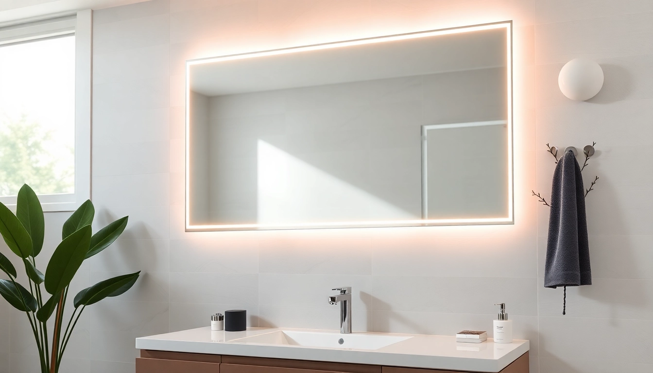 Stylish bathroom mirrors with lights featured prominently over a chic vanity.