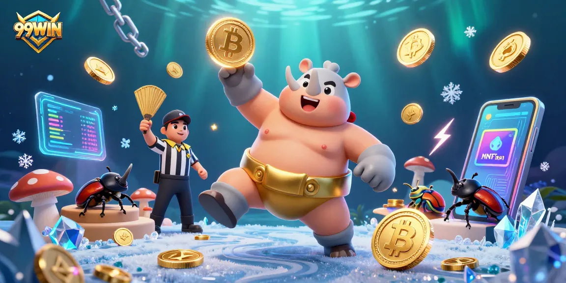 Engage with 99WIN's casino action featuring a sumo champion beetle amidst flying coins and crypto elements.