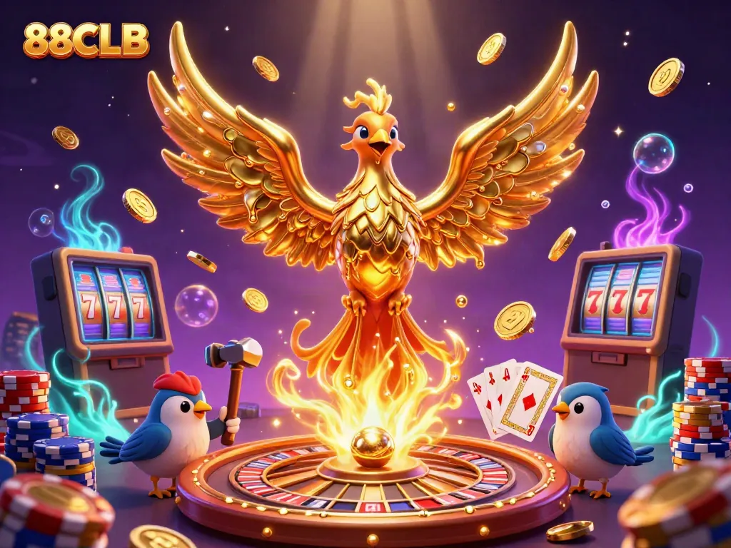 88CLB offers an exciting casino experience with stunning visuals of a molten phoenix and vibrant game elements.
