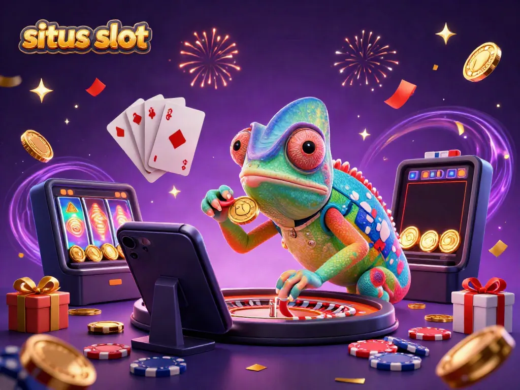 Engage with the vibrant world of situs slot through an animated casino scene featuring a dynamic chameleon and gaming elements.
