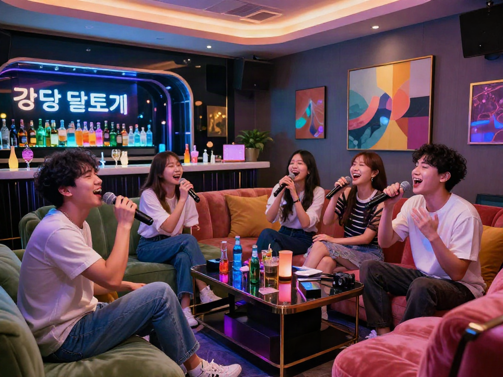 강남 달리는토끼에서 친구들이 함께 노래 부르는 즐거운 모습과 화려한 조명