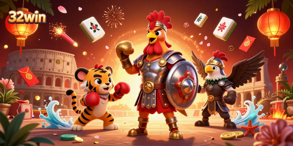 Engage with 32win's vibrant casino scene featuring a gladiator rooster and a tiger cub.