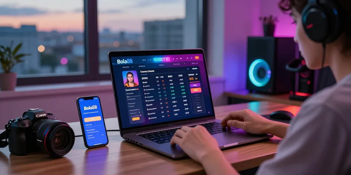Bola88 user engaging with betting odds on a laptop in a modern home office.