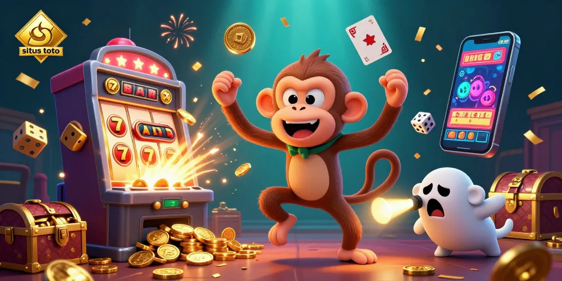 Experience situs toto excitement with a mischievous poltergeist monkey juggling treasures in a vibrant casino.