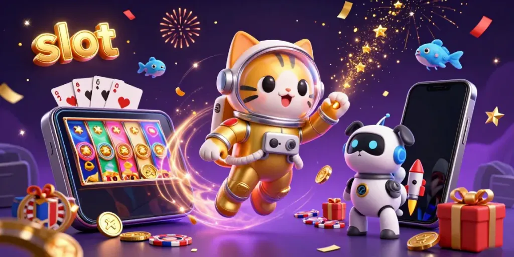 Slot permainan yang menarik ditunjukkan dengan kucing astronot dalam ruang angkasa, mengumpulkan koin!