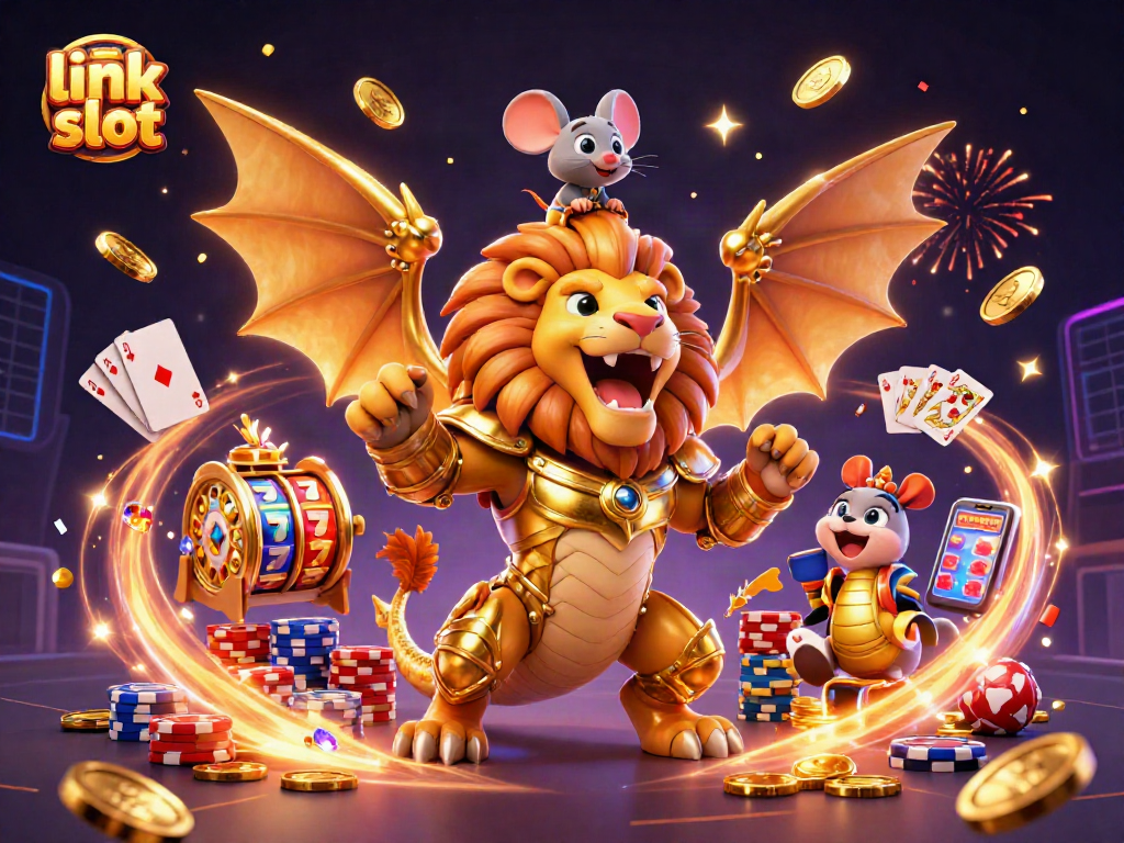 Experience the thrill of link slot games with vibrant symbols, dynamic characters, and casino celebration.