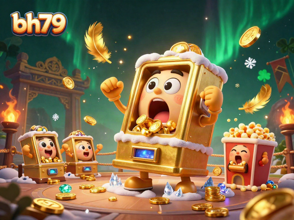 bh79 slot machine wins jackpot, coins spill while cheering baby slots celebrate