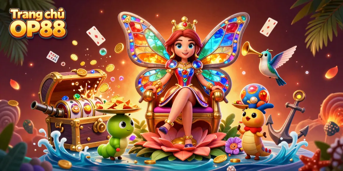 Engage with the vibrant scene of Trang chủ OP88 featuring a butterfly queen amidst captivating casino elements in a rich underwater setting.
