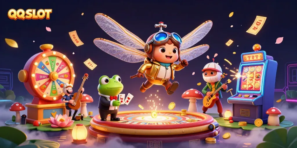 Engage in QQ SLOT action with vibrant reels, a frog dealer, and a lively casino backdrop.