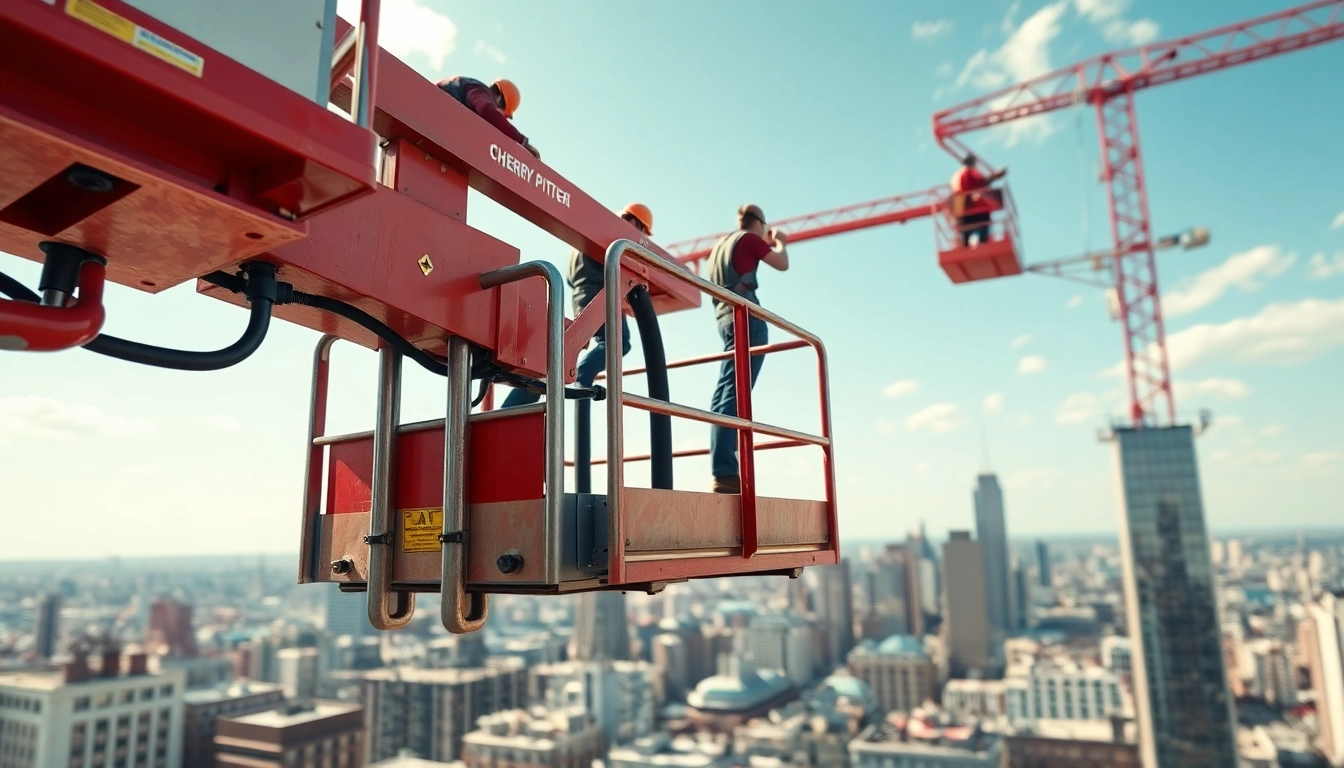 Cherry picker elevating workers in an urban environment for maintenance tasks.