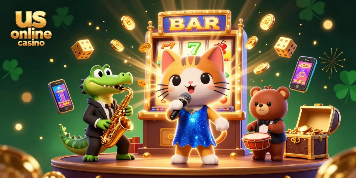 Exciting us online casino scene featuring jazz-singer cat, croc musician, and bear drummer.