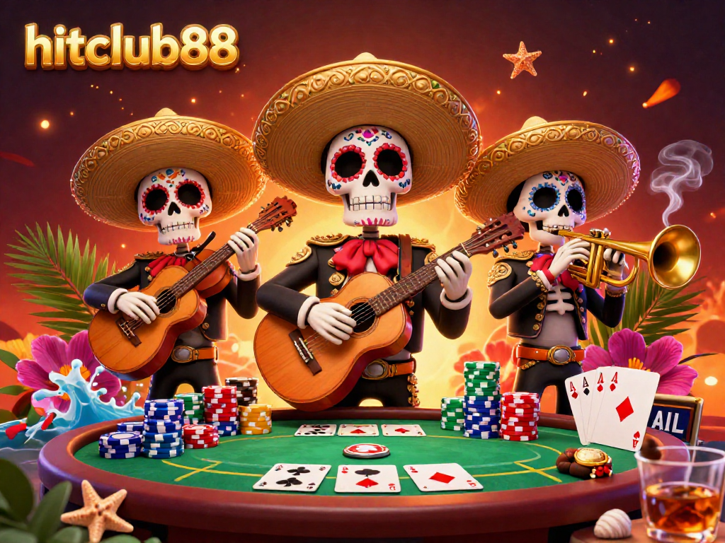 Hitclub88 offers thrilling poker gameplay with colorful 3D skeleton mariachi band in a vibrant casino scene.