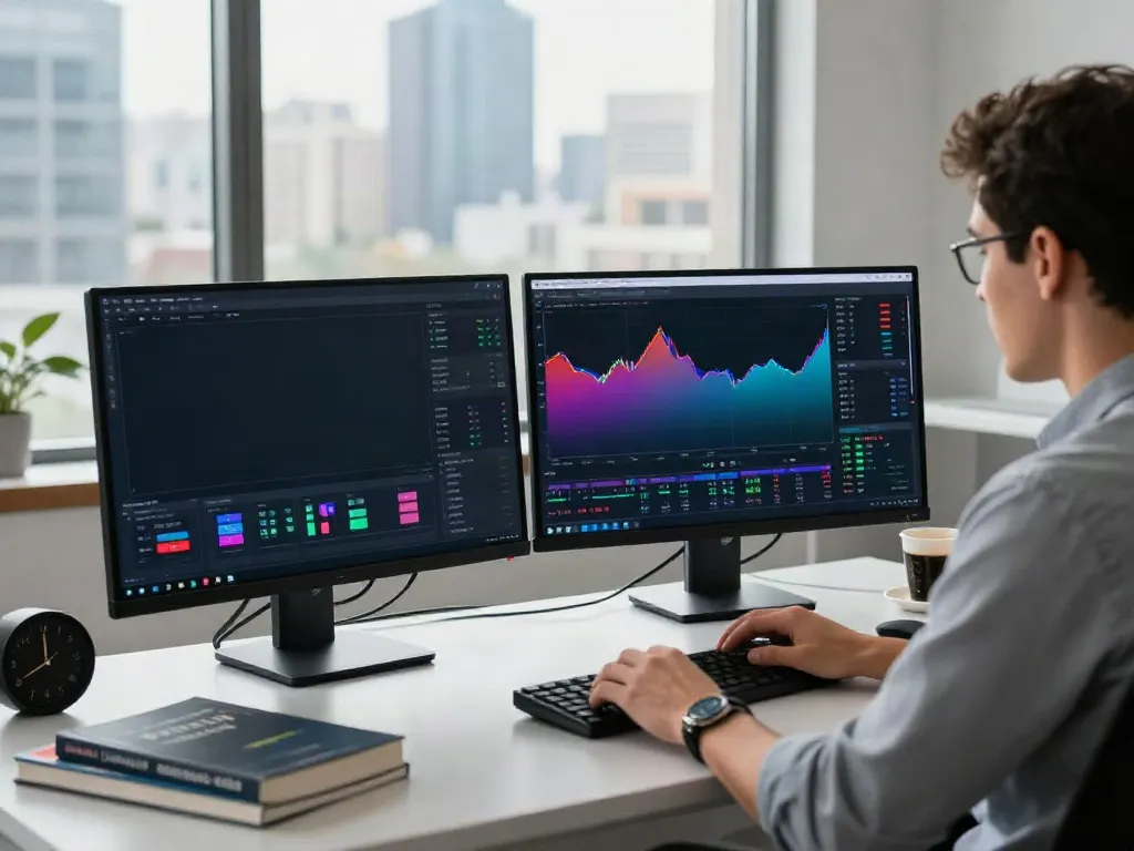 Trader using MetaTrader 5 for live market analysis in a modern workspace.
