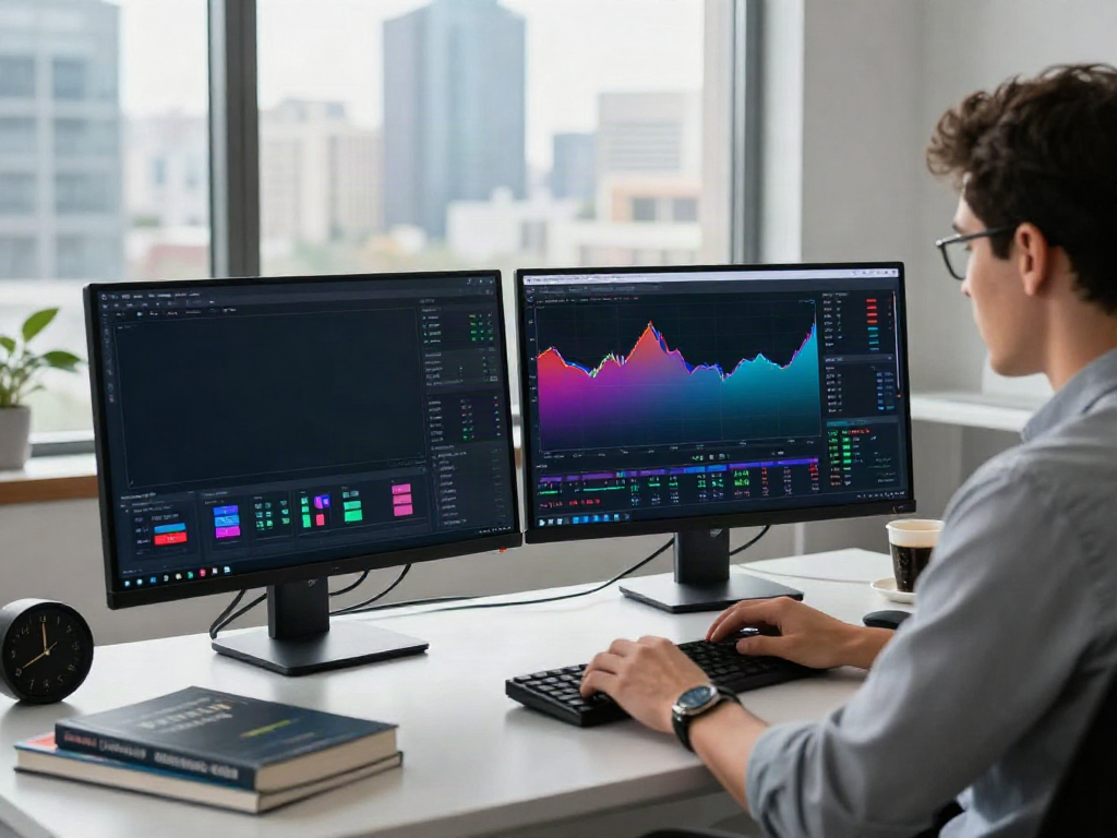 Trader using MetaTrader 5 for live market analysis in a modern workspace.