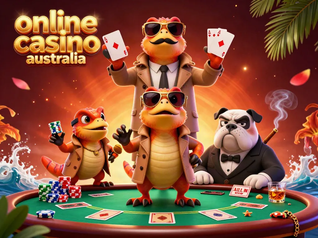 Three raptors in a trench coat entering a VIP area at an online casino Australia, surrounded by poker elements.