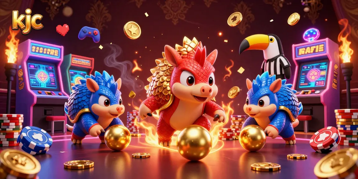 KJC game action featuring rival pangolins rolling golden balls through poker chips in a vibrant casino scene.