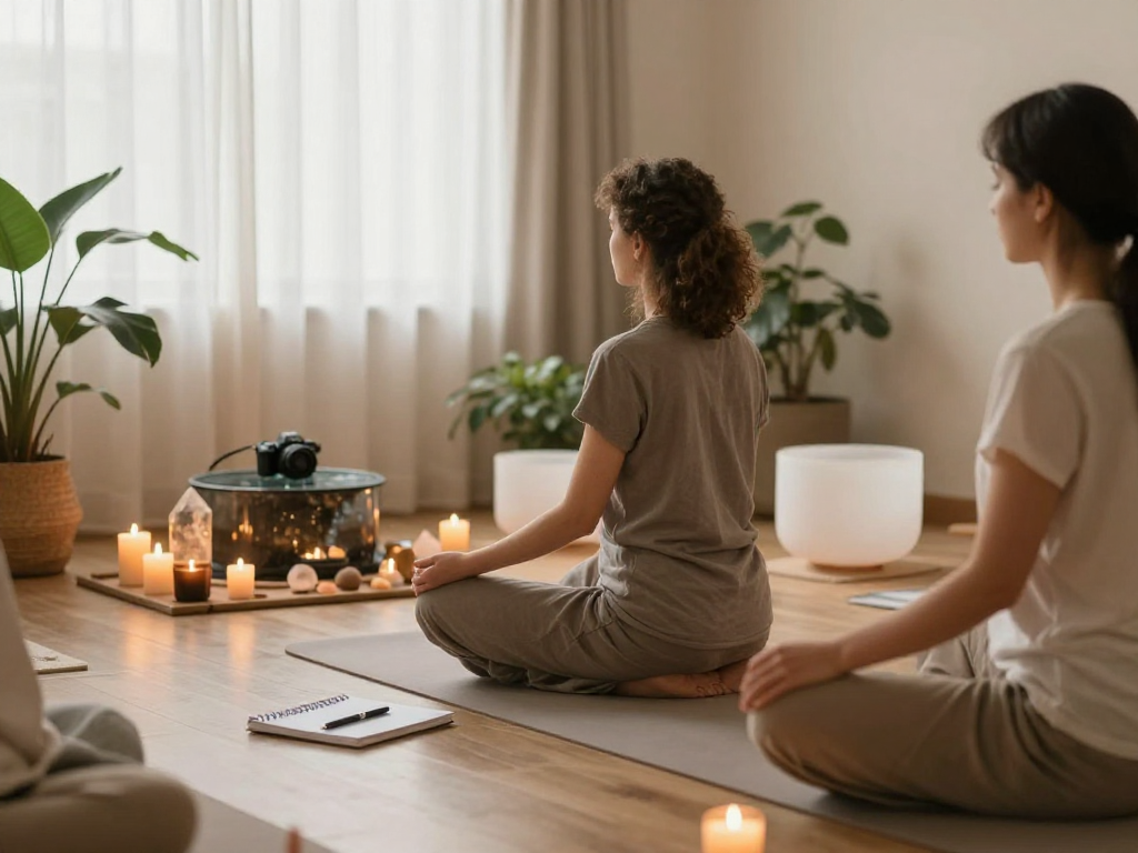 Experience mantra88 mindfulness in a calming meditation space with candles and plants.