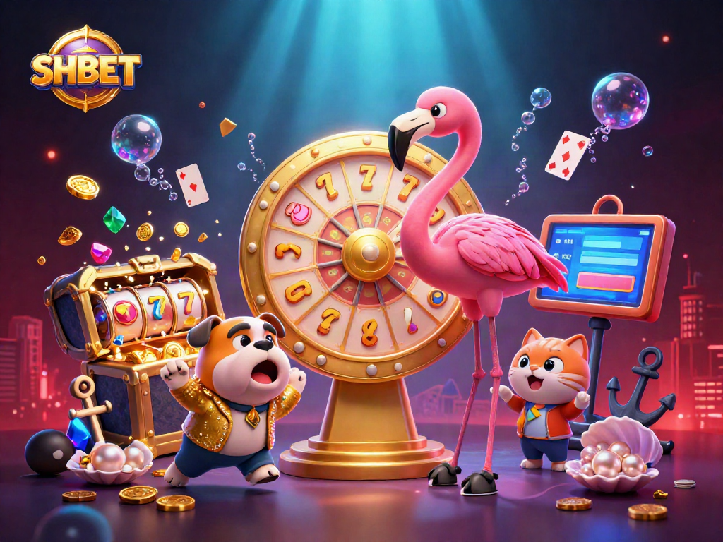Engaging SHBET prize wheel scene with a flamingo host, bulldog contestant, and cat assistant, set in a vibrant casino