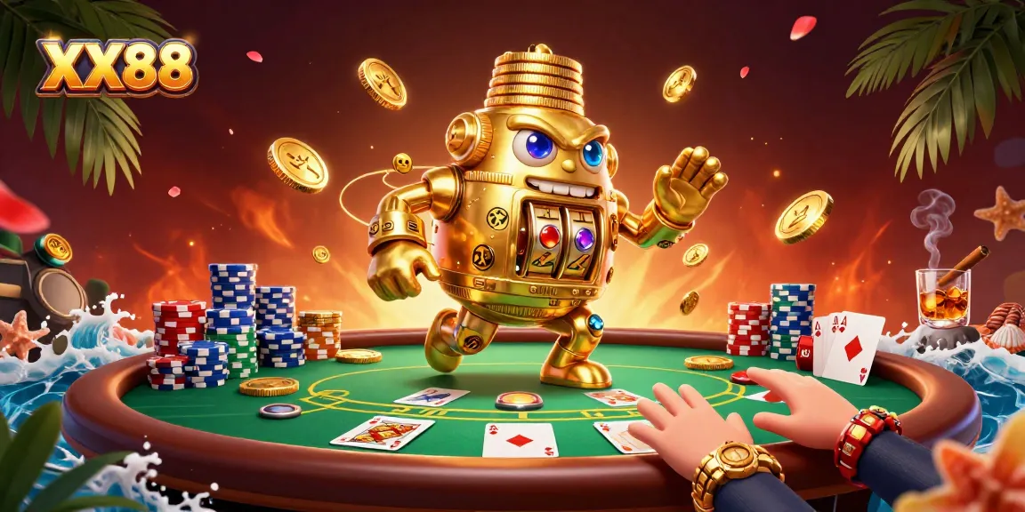 Experience the thrill of XX88 casino with a vibrant 3D gold golem surrounded by poker elements.