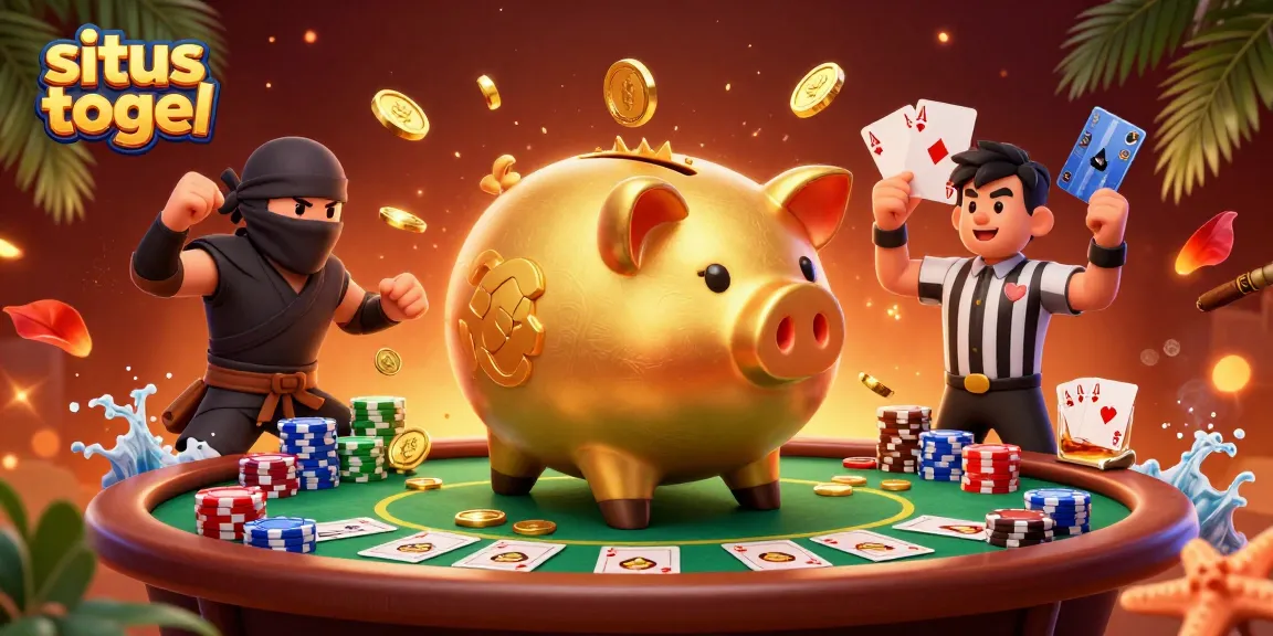 Menyaksikan situs togel saat karakter piggy bank berjaya di meja poker dengan koin berjatuhan.