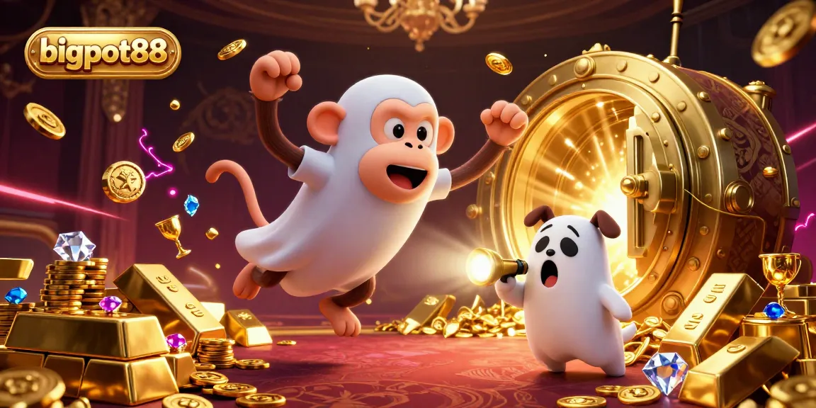 Experience excitement with bigpot88 as a mischievous monkey juggles golden treasures in a haunted casino.