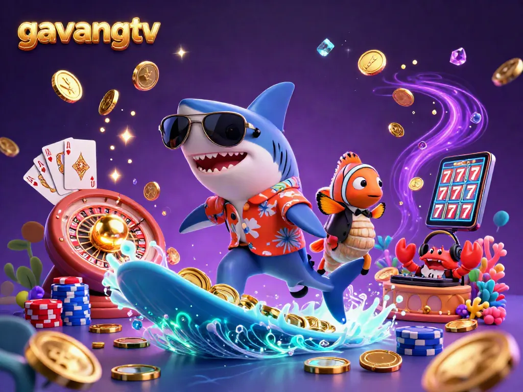 Experience the excitement of gambling with gavangtv in this vibrant, dynamic 3D illustration of a shark surfing on gold coins.