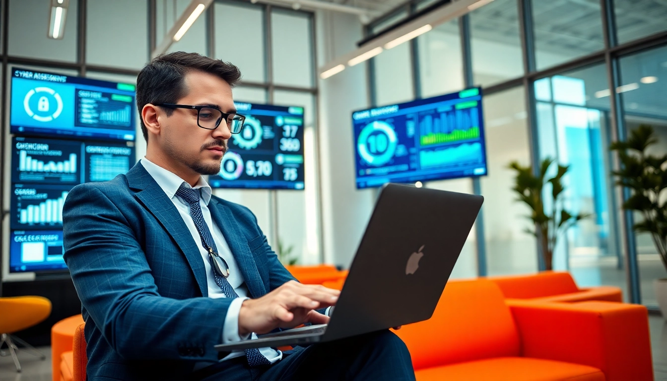 Cyber essentials assessor evaluates security measures in a modern office setting.