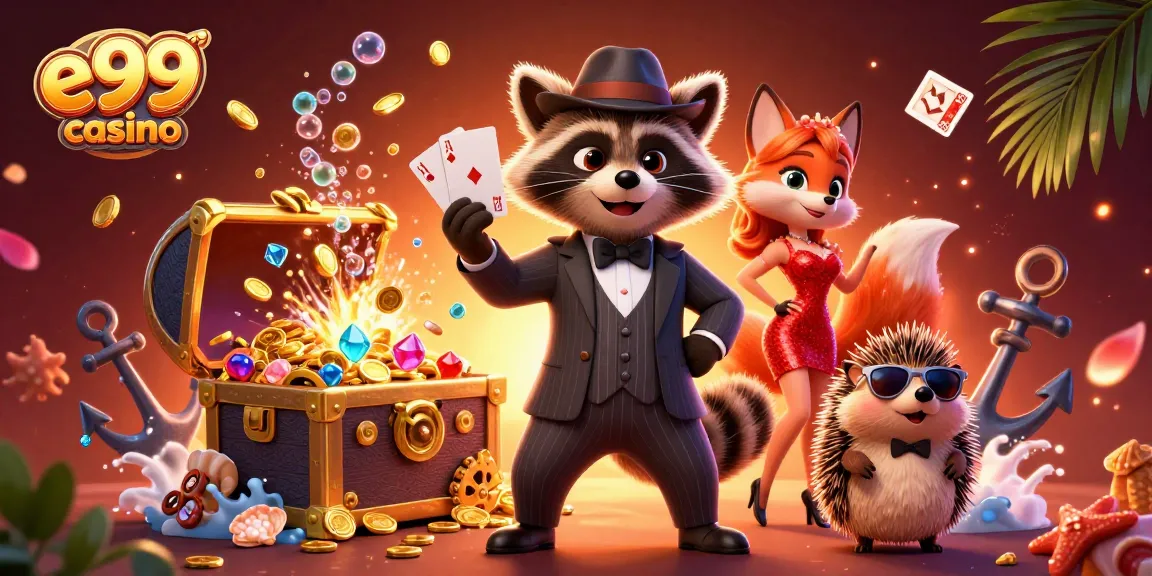 Join the fun at e99 casino with a raccoon holding a royal flush in a vibrant 3D illustration.