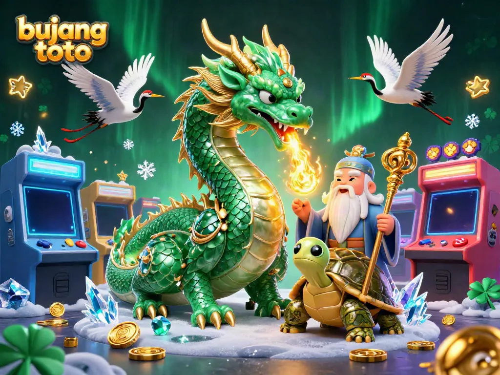 Experience thrilling gaming with bujang toto featuring a jade dragon and lucky cranes in a vibrant casino world.